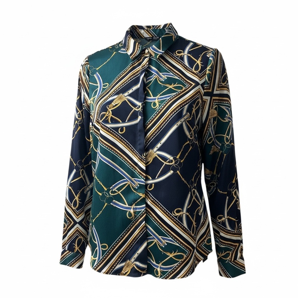 Elegant Chain Print Blouse - Green and Gold